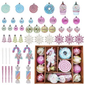 Aoibox 48 Pack Macaron Shatterproof Christmas Ornaments Set Assorted Shapes Candy Snowflake Donut for Tree Party Holiday Decor - 1 of 4
