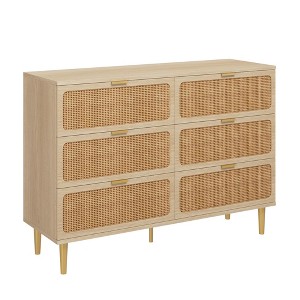 6 Drawer Dresser, Rattan Chest of Drawers with Deep Drawers, Large Modern Double Dresser for Closet with Wide Top, Horizontal Wooden Dresser - 1 of 4