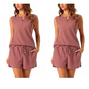 cheibear Women's Waffle Knit Sleeveless Matching Tank Top and Shorts Pajama Sets 2 Pcs - 1 of 4