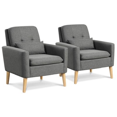 Tangkula 2PCS Mid-century Accent Chair Linen Fabric Reading Armchair w/ Lumbar Pillow
