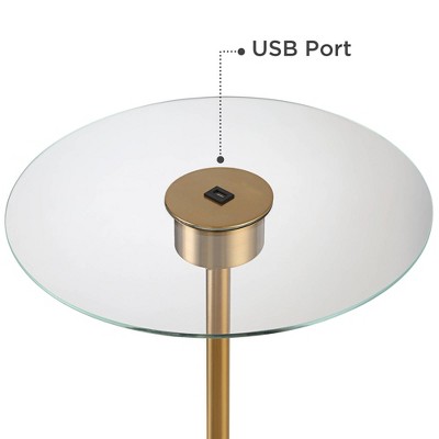 Antique Brass Arc Floor Lamp with White Linen Shade and Glass Tray