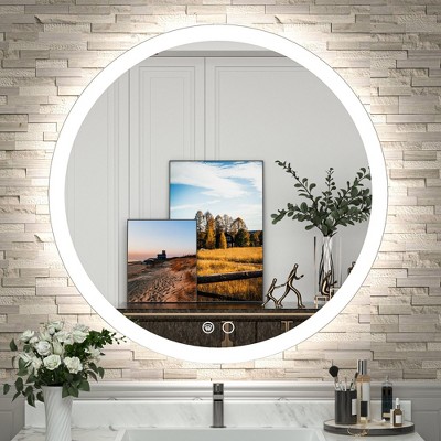 Keonjinn LED Round Front Light Bathroom Vanity Wall Mirror, 3 Color Temperatures Dimmable, Anti-Fog