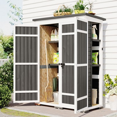 VYNXARIA Outdoor 5.5ft*4.1ftWood Storage Shed,Garden Tool Cabinet with Four Lockable Doors,Multiple-tier Shelves,White and Gray