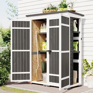 VYNXARIA Outdoor 5.5ft*4.1ftWood Storage Shed,Garden Tool Cabinet with Four Lockable Doors,Multiple-tier Shelves,White and Gray - 1 of 4