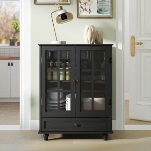 Minimalist Buffet Cabinet with Glass Doors & Drawer - Modern Wooden Storage Sideboard for Living Room & Dining Room-- Frevyn - 1 of 4