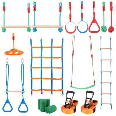 VEVOR Ninja Warrior Obstacle Course for Kids, 2 x 65 ft Weatherproof Slacklines, 500lbs Weight Capacity Monkey Line, Outdoor Playset Equipment