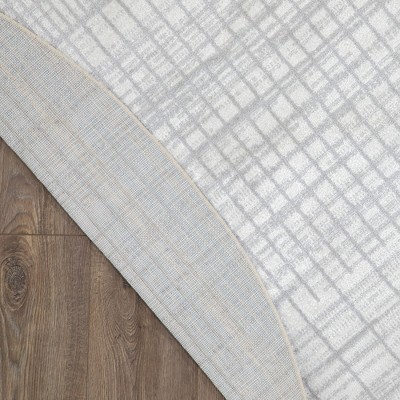 Astra Blue and Ivory Round Geometric Washable Rug 5'3"