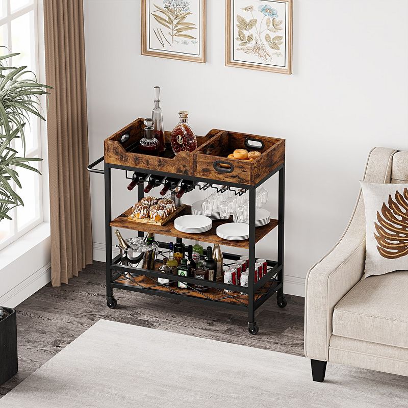 Whizmax 3 Tier Bar Cart with Wheels, Two Portable Trays, Wine Rack, Glasses Holder, Industrial Serving Cart for Kitchen, Living Room, Dining Room, 3 of 10