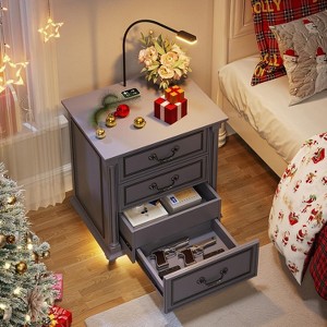 Vlsrka Farmhouse Nightstand with Hidden Compartment, 3 Drawers, LED Light, Motion Sensor & Charging Station - 1 of 4