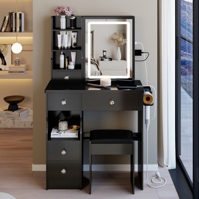 VYNXARIA 29.2" Small Size Left Drawer Desktop Vanity Table&Cushioned Stool,Hair dryer bracket,Extra Sliding Mirror,Black