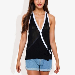 Anna-Kaci Women's Halter Neck Knit Tank Top with V-Neck Wrap Design and Side Tie Detail Top - 1 of 4