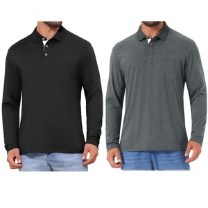 INSPIRE CHIC Men's Contrast Button Collared Pocket Long Sleeves Polo T-Shirts 2 Packs - 1 of 4