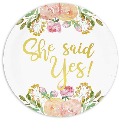 Sparkle and Bash 48 Pack "She Said Yes" Floral Gold Foil Disposable Paper Plates 9 inches Party Supplies
