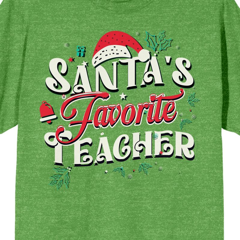 Santa's Favorite Teacher Women's Green Heather Short Sleeve Tee, 2 of 4
