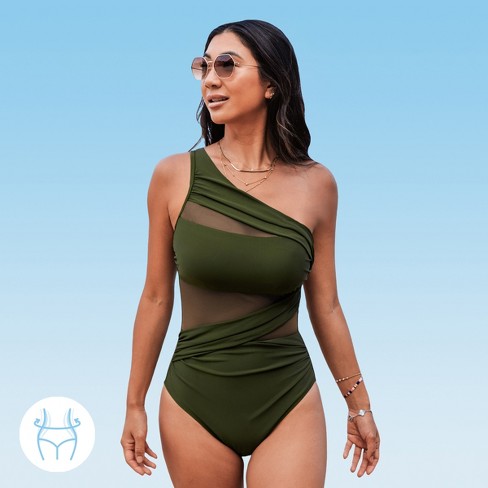 Women's Mesh One Shoulder Tummy Control One-Piece Swimsuit - Cupshe-M-Olive