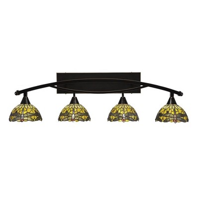 Toltec Lighting Bow 4 - Light Vanity in  Black Copper with 7" Amber Dragonfly Art Glass Shade