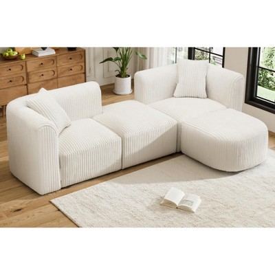 Luxury Modern Curved 4-Seater Modular Corduroy Sectional Sofa, Minimalist Cloud Couch with Movable Ottoman for Living Room Apartment
