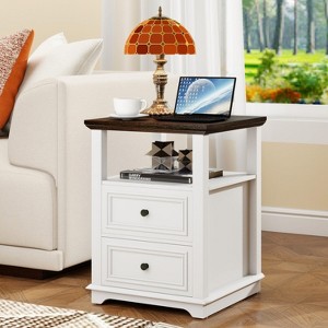 Vipbear 18" Blue Nightstand with Chargers Rustic Wooden High Nightstand with 2 Drawers for Bedroom, Living Room and Closet - 1 of 4