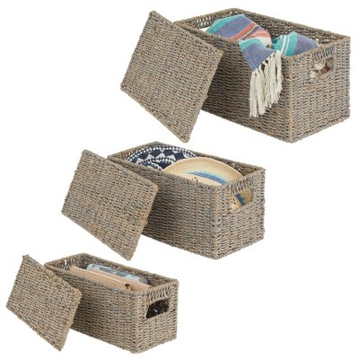 Gray Seagrass Rectangular Storage Baskets with Lids, Set of 3