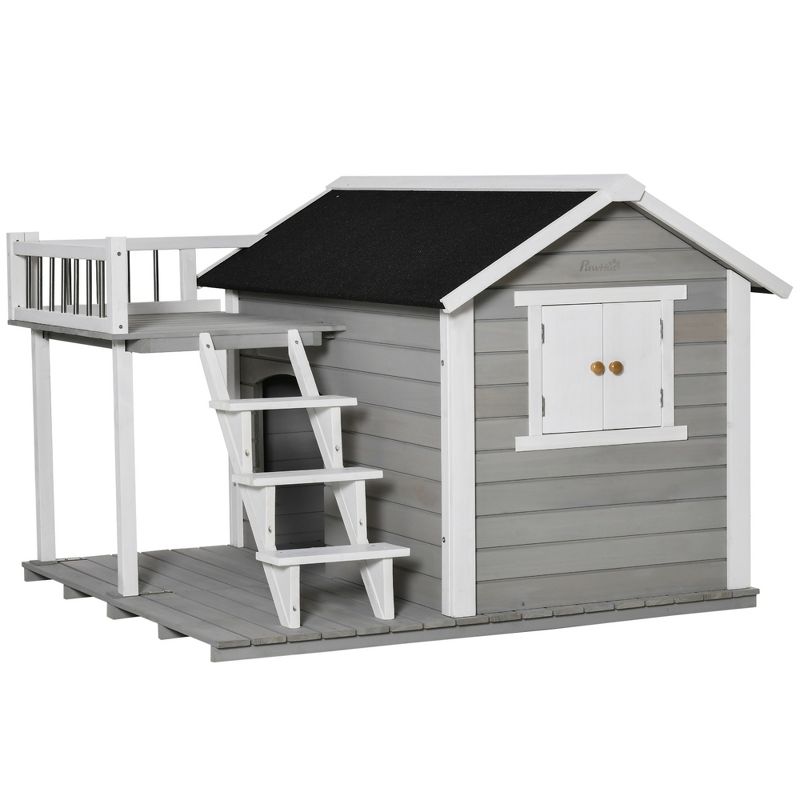 PawHut Wooden Outdoor Dog House, 2-Tier Raised Pet Shelter, with Stairs, Weather Resistant Roof, and Balcony, for Medium, Large Dogs Up To 55 lbs, 5 of 8