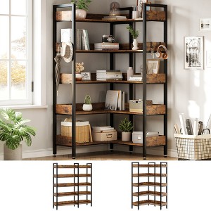 65.4-inch corner bookshelf, five-layer, convertible storage shelf with 4 hooks, fixed panel, metal frame, suitable for living room, bedroom, study - 1 of 4