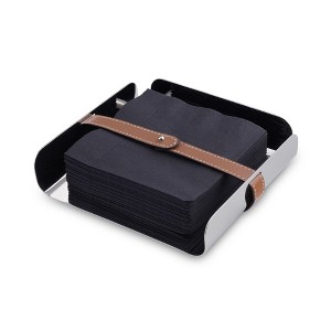 Nambe Tahoe Napkin Holder – 7" Square Modern Stainless Steel & Genuine Leather Table Accessory – Barware Organizer for Cocktail Napkins - 1 of 4