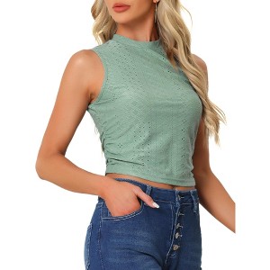 Allegra K Women's Sleeveless Mock Neck Slim Fit Side Ruched Eyelet Crop Summer Tank Top - 1 of 4