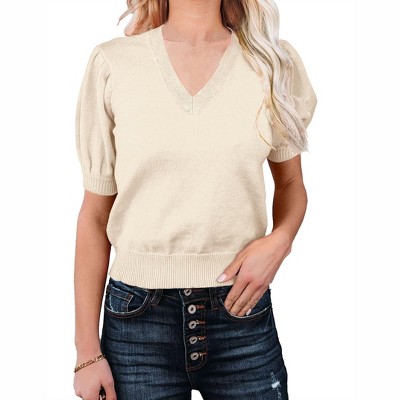 Womens V Neck Sweater Tops Lightweight Soft Sweater Knit Shirts Ribbe Cuff Short Lantren Sleeve Sweater