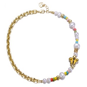 Guili 14K Yellow Gold Plated Multi-Color Beads Necklace with Freshwater Pearls & a Butterfly Charm for Kids, A Delightful Jewelry Piece - 1 of 2