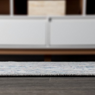 Light Gray and Blue Synthetic Vintage Medallion Rug