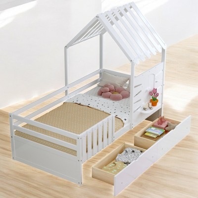 Twin Size House Bed with 2 Storage Drawers, Guardrails, Roof & Window - Wooden Playhouse Bed for Kids