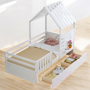 Twin Size House Bed with 2 Storage Drawers, Guardrails, Roof & Window - Wooden Playhouse Bed for Kids - 1 of 4