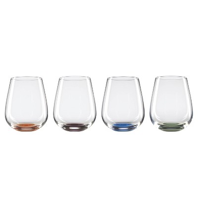 Oneida 4pc 16oz Bottoms Up Stemless Wine Glass Set: Multicolor Drinkware for Cold Beverages, Hand Wash, Service for 4