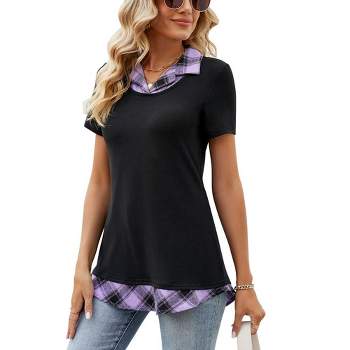 Women's Short Sleeve V-Neck Contrast Collared Shirts Patchwork Work Blouse Tunics Tops