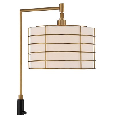Elegant Arc Floor Lamp with Warm Gold and Black Metal, Linen Shade