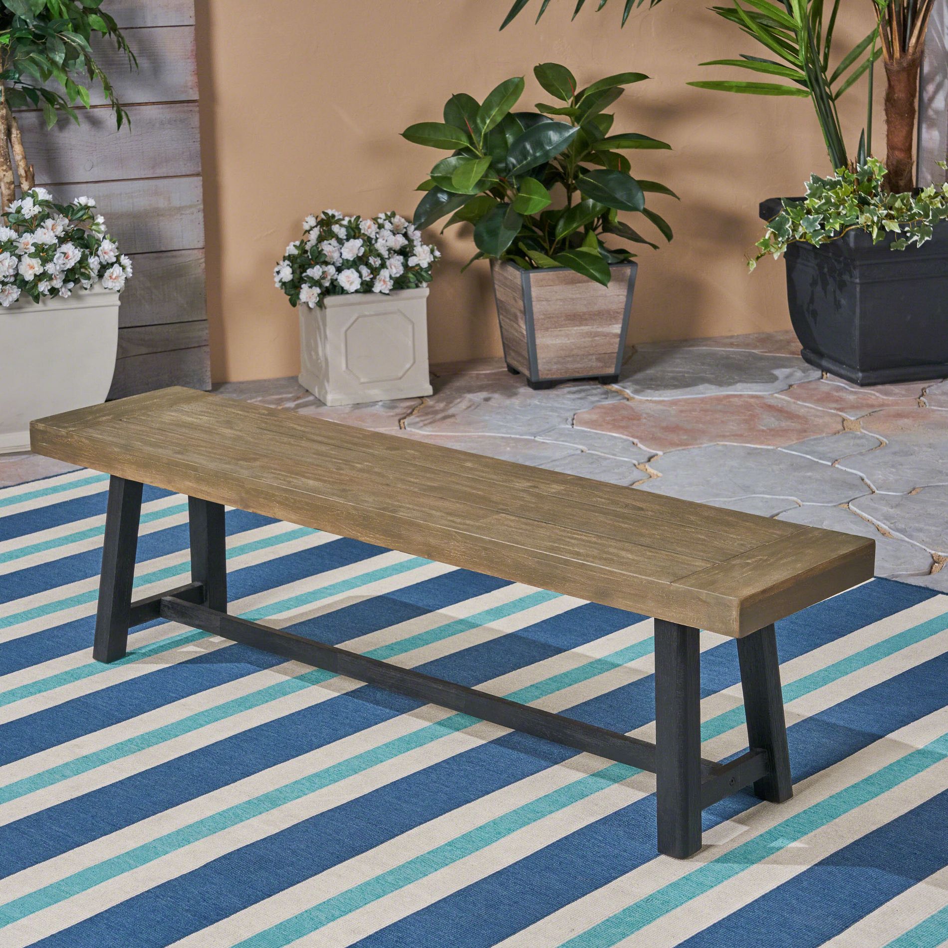 Outdoor Acacia Wood Bench, Sandblast Gray Finish and Black