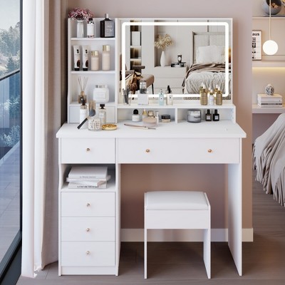 VYNXARIA 41" Large Size Left Drawer Desktop Vanity Table&Cushioned Stool,Multi Layer High Capacity Storage£¬Suitable For Large Space£¬White