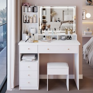VYNXARIA 41" Large Size Left Drawer Desktop Vanity Table&Cushioned Stool,Multi Layer High Capacity Storage£¬Suitable For Large Space£¬White - 1 of 4