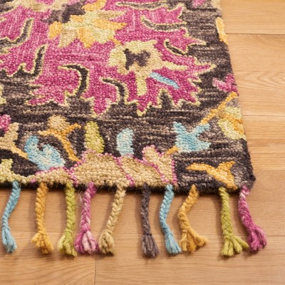 Handmade Charcoal & Multicolor Floral Wool 6' Square Rug