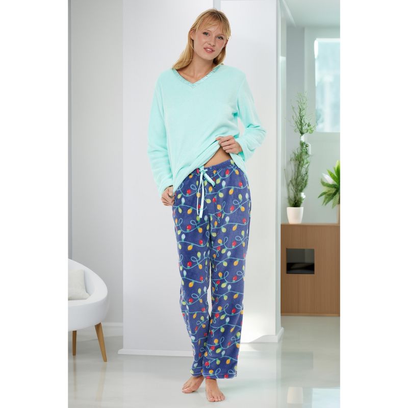 Women's Soft Warm Fleece Pajamas Lounge Set, Long V Neck Top and Pants, PJ, 5 of 7