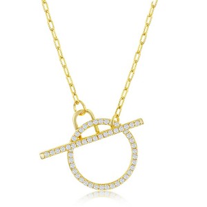 Bella Silver Sterling Silver, Paperclip CZ Circle Toggle Necklace - Gold Plated - Gold - 16 Inch - 1 of 3