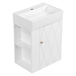Gulches 20 in 3 in Undermount Rectangular Bathroom Sink in White MDF Ceramic with Diamond Pattern Door Gold Handle Side Shelves Towel Bar - 1 of 4