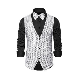 INSPIRE CHIC Men's Shiny Sequin Sleeveless Party Prom Suit Vest with Bow Tie - 1 of 4