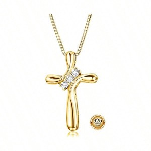 Cross Necklace for Women, 3 Stone Cubic Pendant with 1mm Box Chain, 18 Inches 23 MM*15 MM (0.91”*0.59”) - 1 of 4