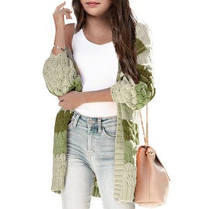 Girls Sweater Cardigan Open Front Longline Sweater Cable Knit Sweater Long Sleeve Color Block Sweater,Spring - XL - 1 of 4