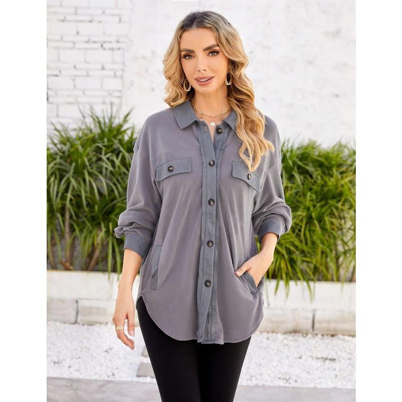 Womens Velvet Long Sleeve Button Down Shirts Casual Blazer Jacket Oversized Blouses Tops, 5 of 6