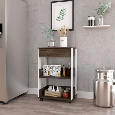 VYNXARIA Modern Kitchen Cart 35" H, Four Casters, Three Shelves for Garden, Dining Room, White / Dark Walnut