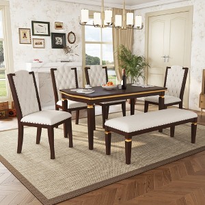 Merax Elegant 6-Piece Dining Set with Tufted High-Back Chairs & Bench - 1 of 4
