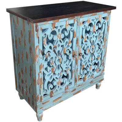 eHemco Rustic Accent Distressed Cabinet with 2 Doors with Dual Storage Shelf for Living Room and Entryway, Teal