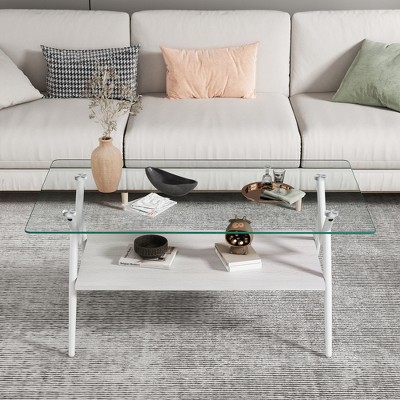 Syemin Rectangular Side Table Set, Two-Layer Coffee Table with Tempered Glass Top for Modern Living Room, Clear, 38.6"*22.83"*17.3"